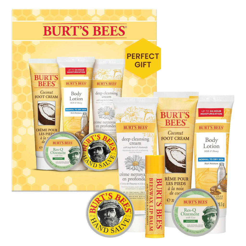 Burt's Bees Timeless Minis Kit with Coconut Foot Cream, Milk & Honey Body Lotion, Soap Bark & Chamomile Deep Cleansing Cream, Res- Ointment, Hand Salve and Beeswax Lip Balm