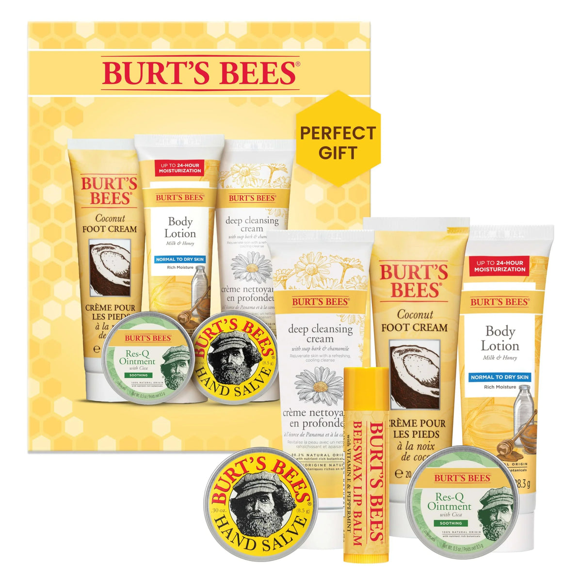 Burt's Bees Timeless Minis Kit with Coconut Foot Cream, Milk & Honey Body Lotion, Soap Bark & Chamomile Deep Cleansing Cream, Res- Ointment, Hand Salve and Beeswax Lip Balm