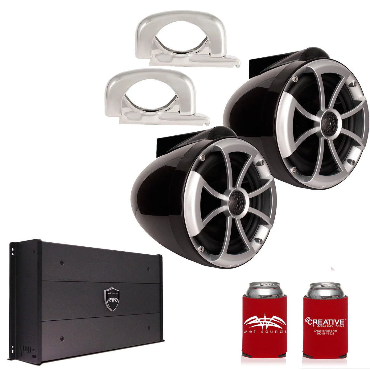 Wet Sounds - 8" Black Tower Speakers with Stainless Steel  Fixed Clamps & -.3 1200 Watt Amplifier