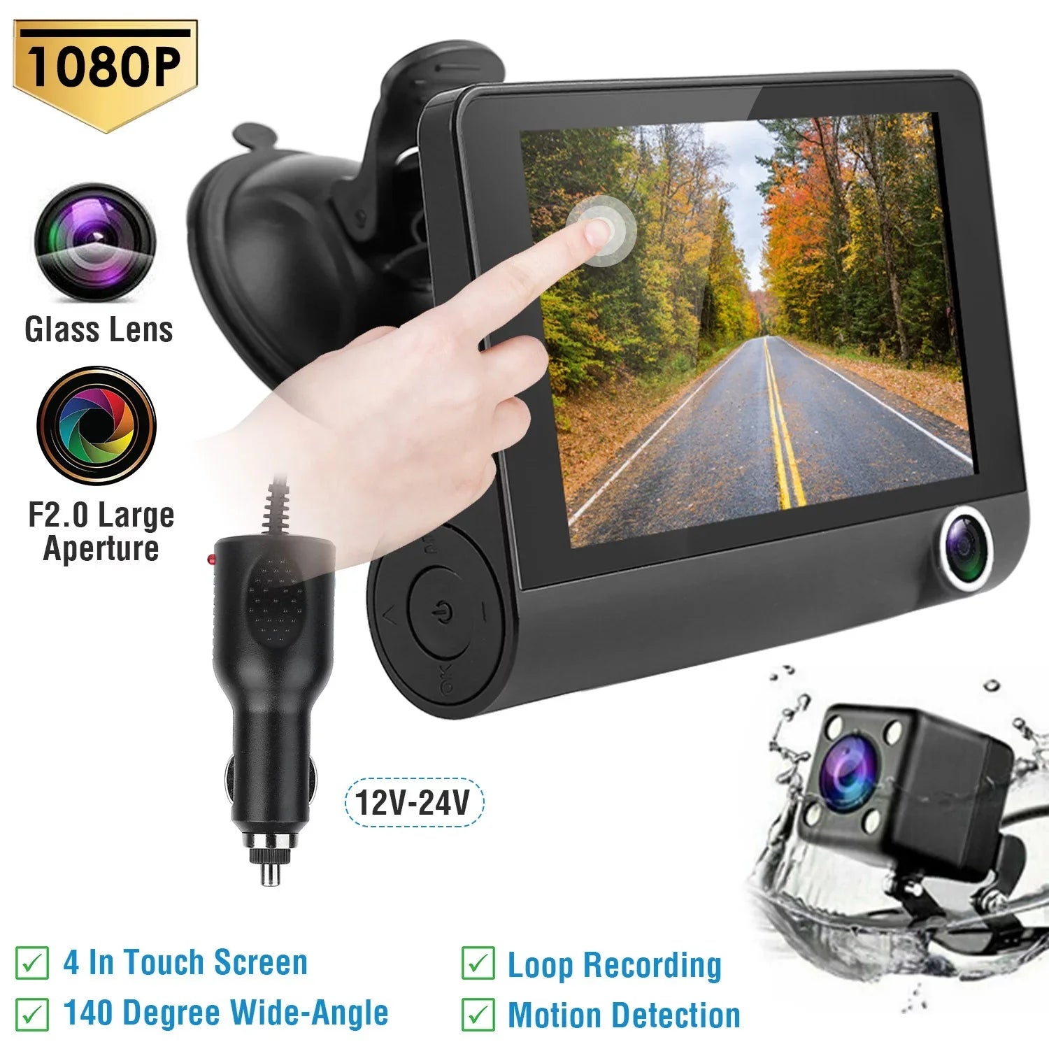 iMouTEK 1080P Touch Screen Car Dash 4in Cam Dash Camera Front and Rear Camera with -Sensor Loop Recording Motion Detection