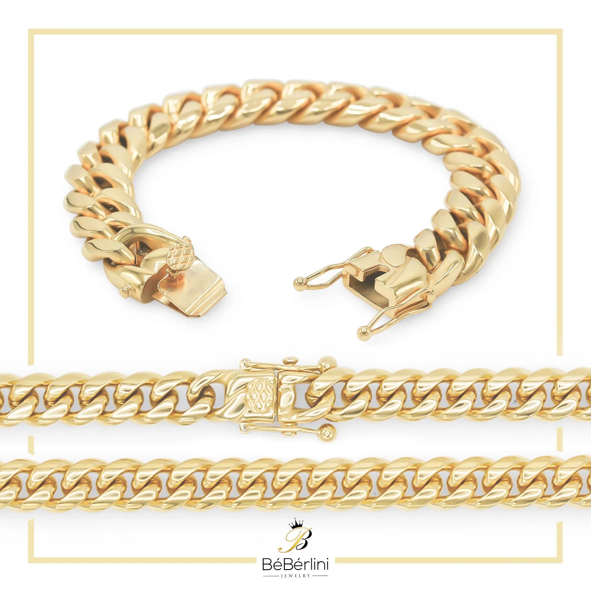 Cuban Link Bracelet 14K Gold Plated Curb Chain 9" Stainless Steel Fashion Jewelry for Adult Men 16 mm