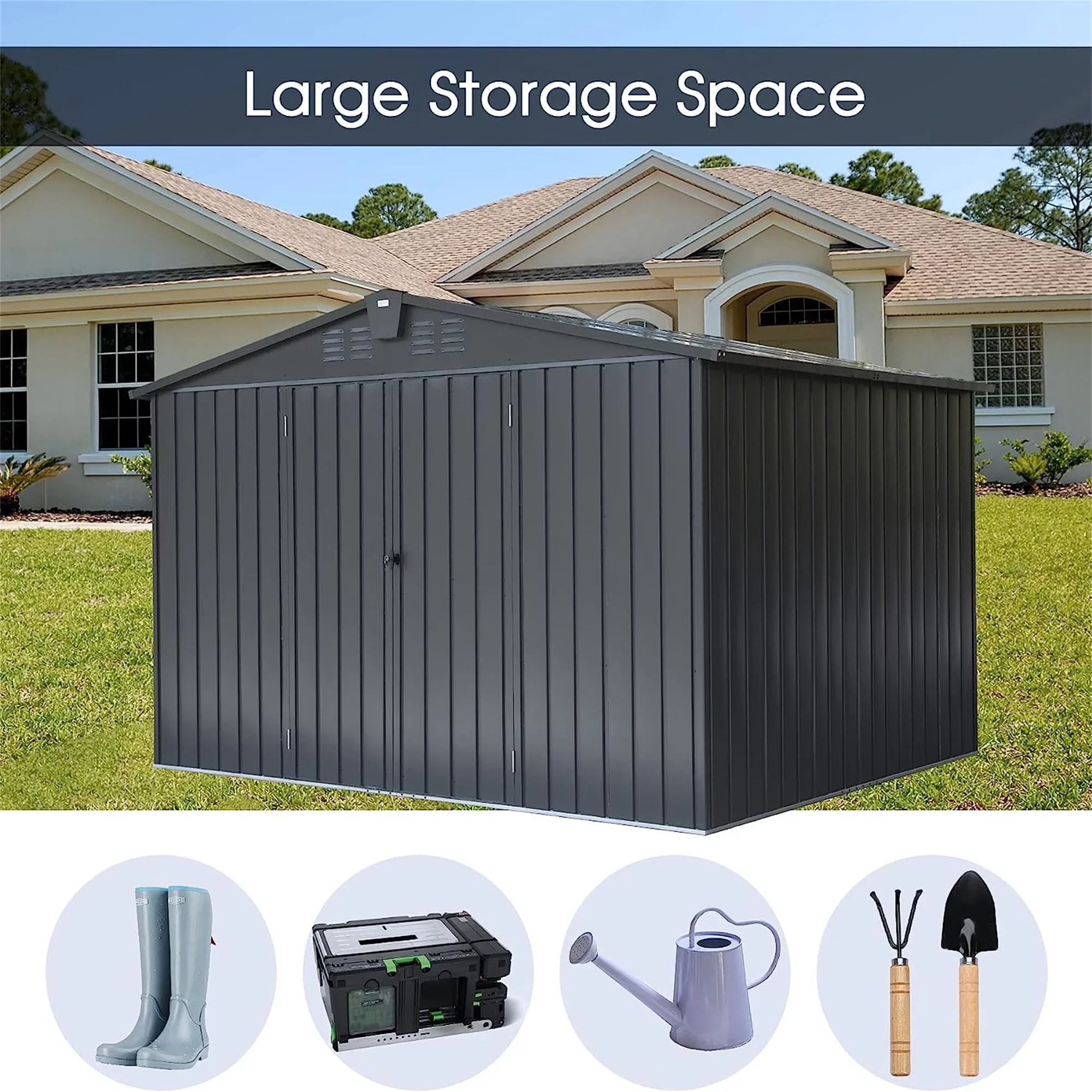 Homiyad Outdoor Storage Shed 10' 8', Metal Garden Shed for Bike, Trash Can, Tools, Galvanized Steel Outdoor Storage Cabinet with Lockable Door for Backyard, Patio, Lawn (10X8ft, Black)