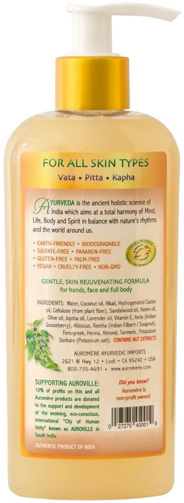 Auromere Ayurvedic Liquid Soap, Sandalwood Turmeric - With Neem And Coconut Oil, Vegan, Cruelty Free, Natural, Non Gmo, Paraben-Free, Gluten-Free - 8Oz (Pack Of 2).