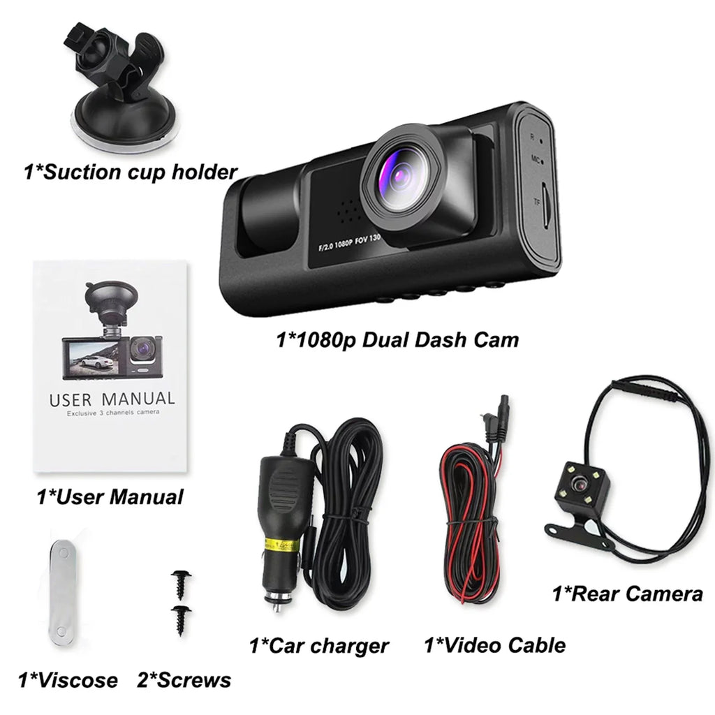 Nebublu Dash Camera with 3 Cameras, Car Video Recording Camcorder, Auto Safety Driving Recorder