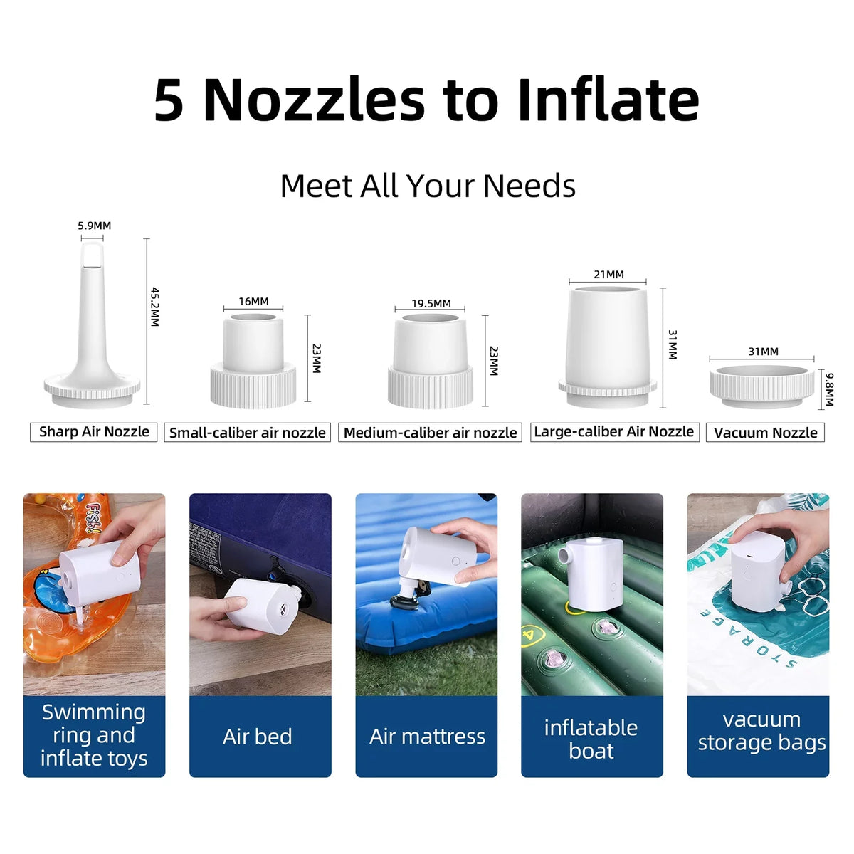 Electric Air Pump with 5 Nozzles  Quick Air Pump with 2500mAh Battery for Inflator Deflator Pumps Inflatables Air Mattress Air Bed Pool Toy Swimming Ring