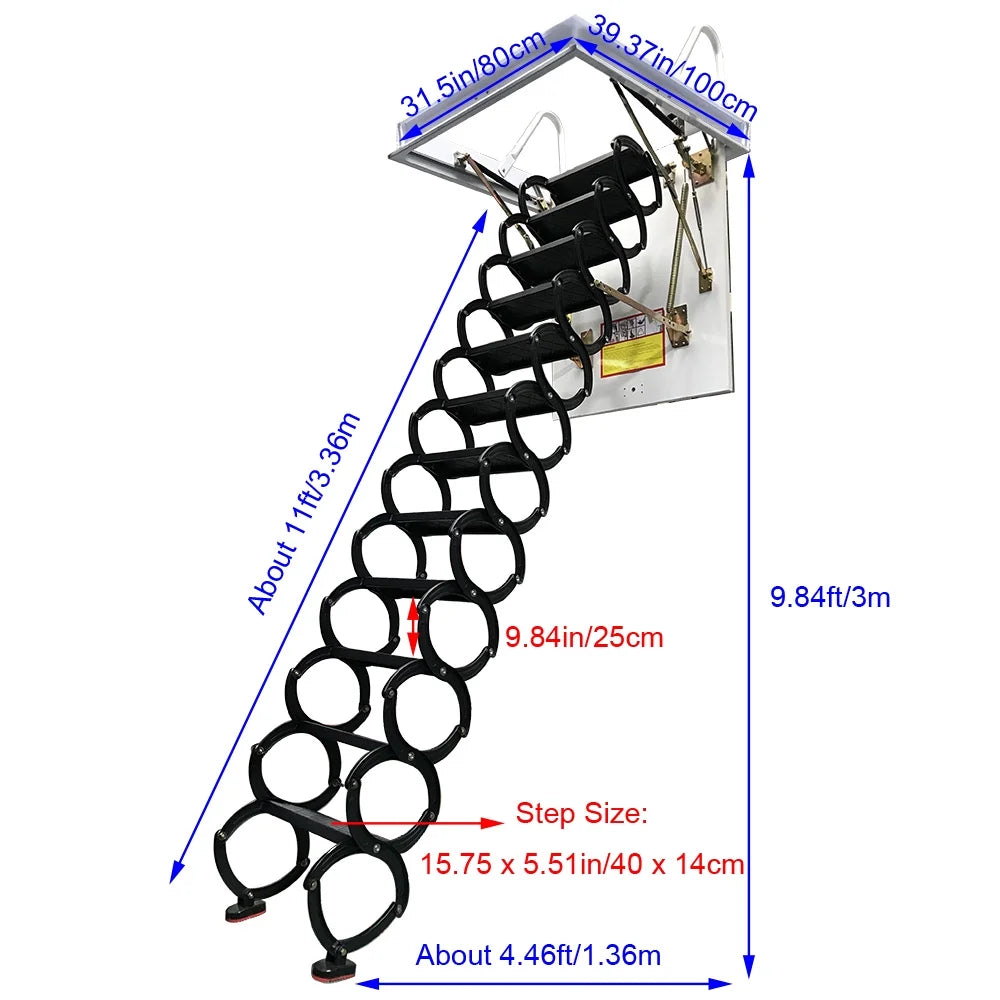 Ceiling Mounted Folding Loft Ladder Attic Stairs 9.8Ft Height 12 Steps Black (Open Size 31.5"x 39.37")