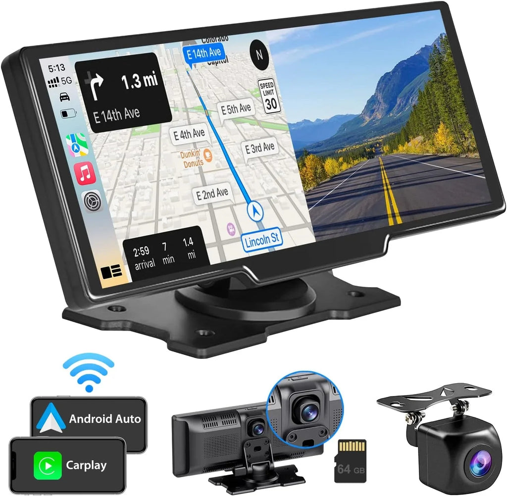 Portable Wireless Carplay Car Stereo with 2.5K Dash Cam - 9"   Screen, Android Auto, 1080p Backup Camera, Loop Recording, Bluetooth,  Navigation Head Unit, Car Radio Receiver