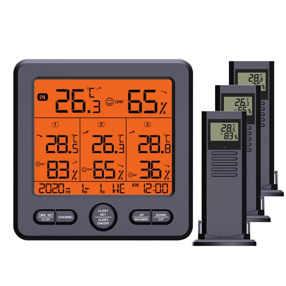 Anself Digital Wireless Indoor  Thermohygrometer with 3 Remote Sensors 98ft/ 30m Backlight & Calibration Function Humidity Monitor with 3 Transmitters Weather Stations for Home Office Gree