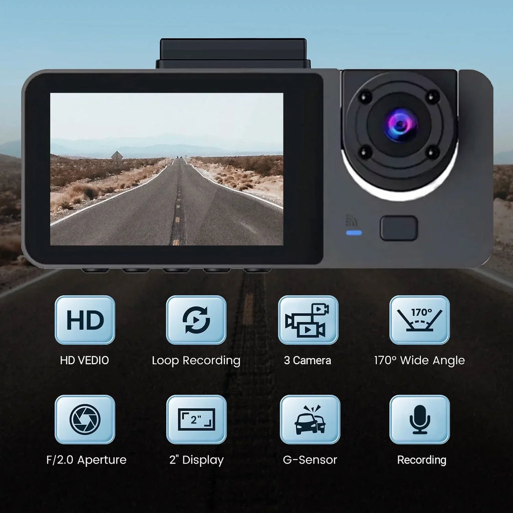 Hanru 1080P 3 Channel Front Rear Inside Dash Cam, Dash Camera,  Backup Cam for Cars, Three Way Triple Car Driving Recorder, 170°, Night Vision, Loop Recording, -Sensor, Parking Monitor,