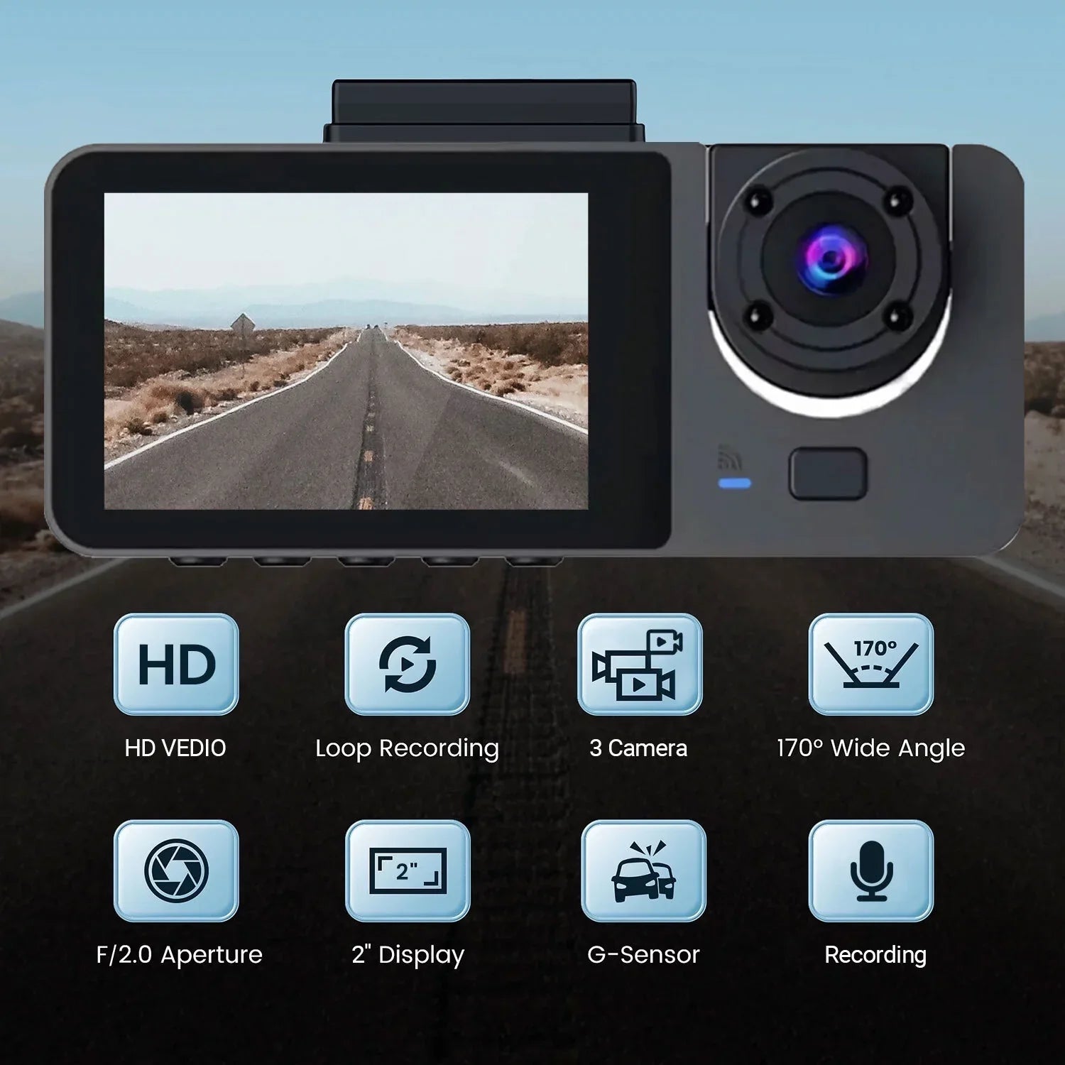 Hanru 1080P 3 Channel Front Rear Inside Dash Cam, Dash Camera,  Backup Cam for Cars, Three Way Triple Car Driving Recorder, 170°, Night Vision, Loop Recording, -Sensor, Parking Monitor,