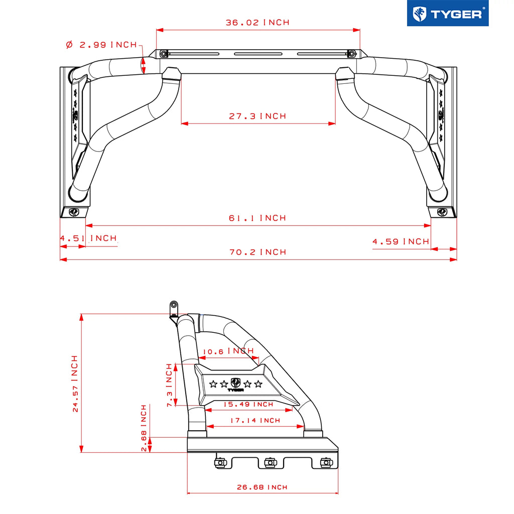 Tyger Auto Sport Bar Compatible with 2022-2024 Toyota Tundra (Exclude ) | 5.5/6.5' Bed | - | Textured Black | Light Mount | Roll Bar