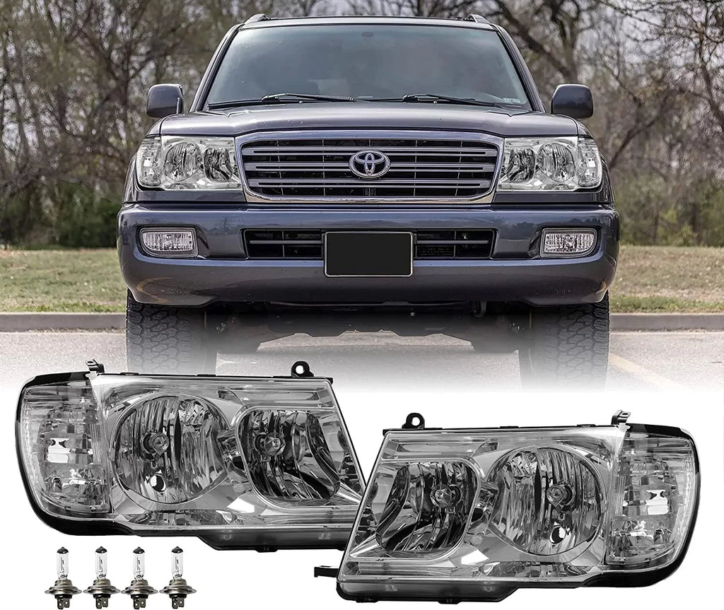 Headlights - Headlamps Set (Left + Right) Compatible with 1998-2005 Toyota Land Cruiser  100 (Euro Style with Clear Corner  Piece Design)
