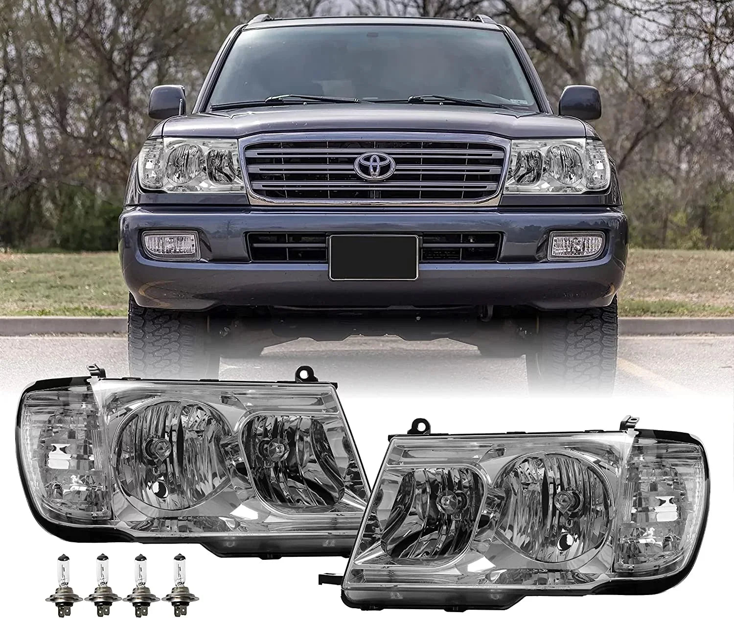Headlights - Headlamps Set (Left + Right) Compatible with 1998-2005 Toyota Land Cruiser  100 (Euro Style with Clear Corner  Piece Design)