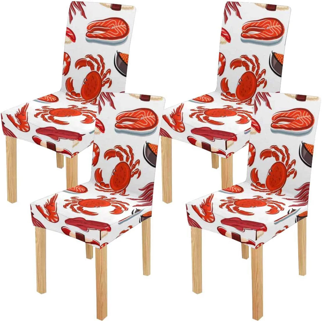 Salmon Steaks Shrimps Crabs Squids Sushi Stretch Chair Cover Protector Seat Slipprotective for Dining Room Hotel Wedding Party Set of 4