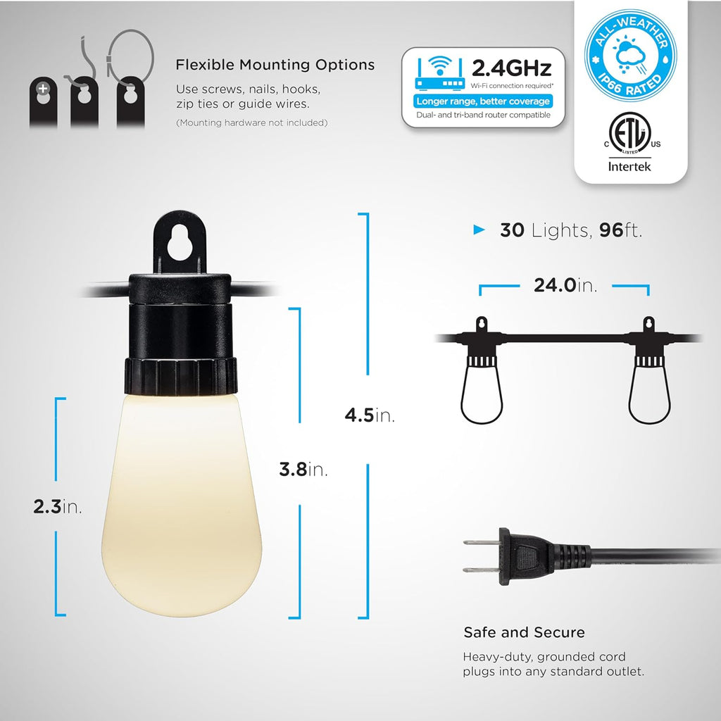 Smart Color Changing String Lights, 96 ft, 30 Lightweight   Patio Lights, Weatherproof, Customizable, Wi-Fi App Control, Dimmable Outdoor String Lights, 79617