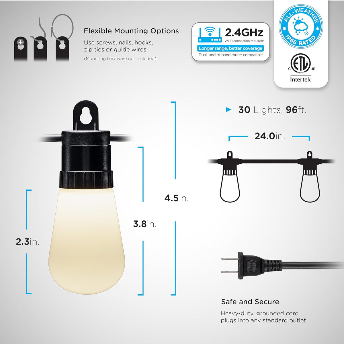 Smart Color Changing String Lights, 96 ft, 30 Lightweight   Patio Lights, Weatherproof, Customizable, Wi-Fi App Control, Dimmable Outdoor String Lights, 79617