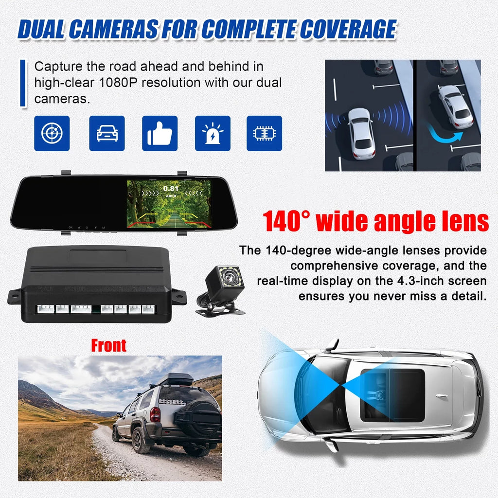 Dazzduo Dash Camera,Dash Camera Rear Dual Camera Dual Camera 4.3 Radars Rear Dual Inch Screen Support Reverse Radars Rear 4.3 Inch Screen 1080P  Dash Camera 4.3 Inch 4 Reverse Radars Rear 1080P 4