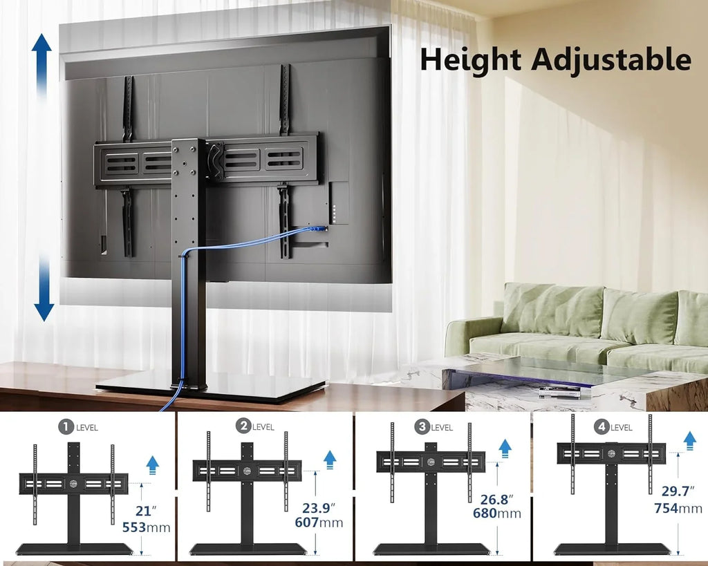 Universal  Stand/Base Swivel Tabletop  Stand with Mount for 50 to 85 inch Flat Screen  100 Degree Swivel  4 Level Height Adjustable Tempered Glass Base Holds up to 143 lb