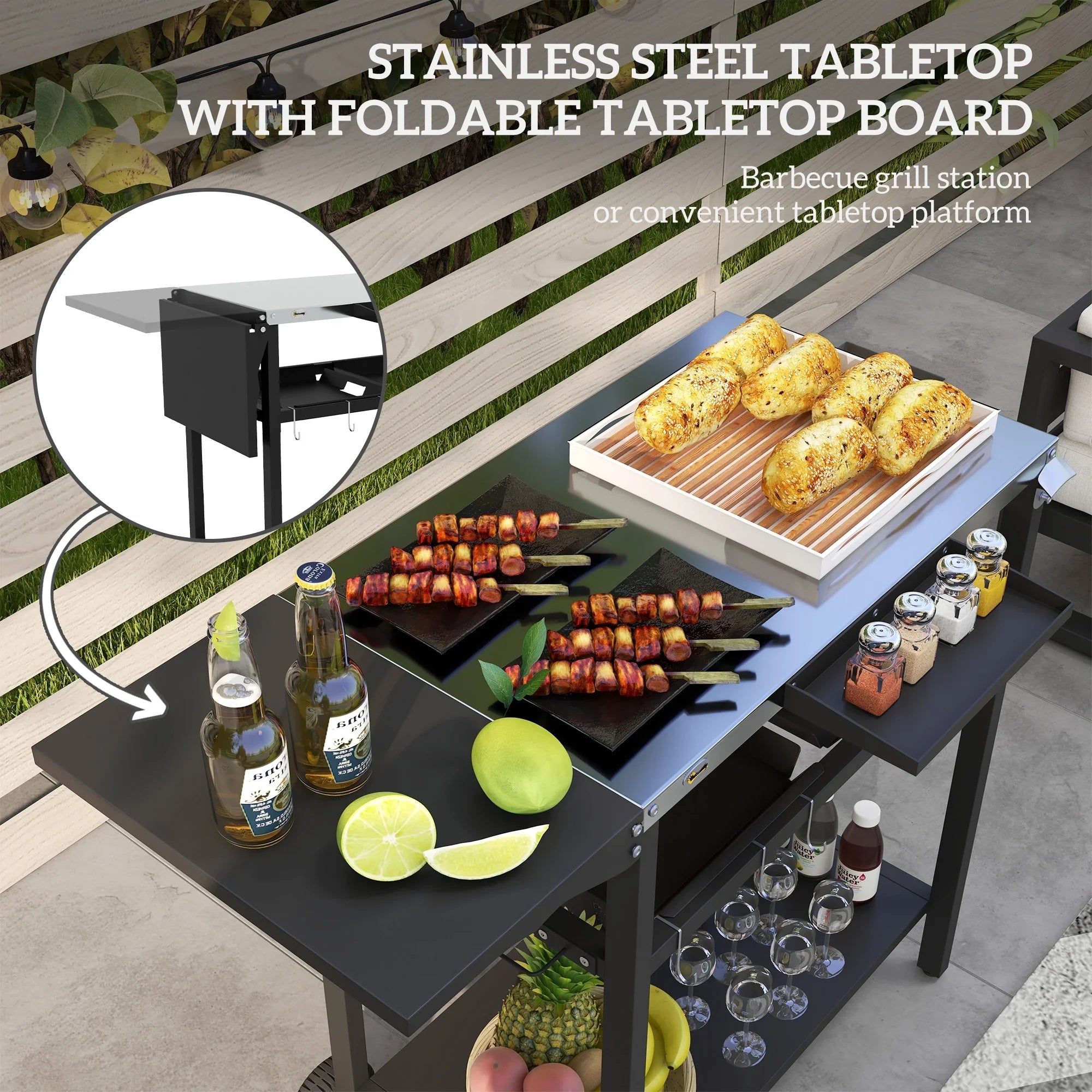 Outdoor Bar Cart with Stainless Steel Tabletop, Kitchen Island with Wheels, 2 Tiers & Seasoning Shelf, Patio Serving Cart with Hooks, Towel & Garbage Bag Holder, Plates & Spice Jars, Black