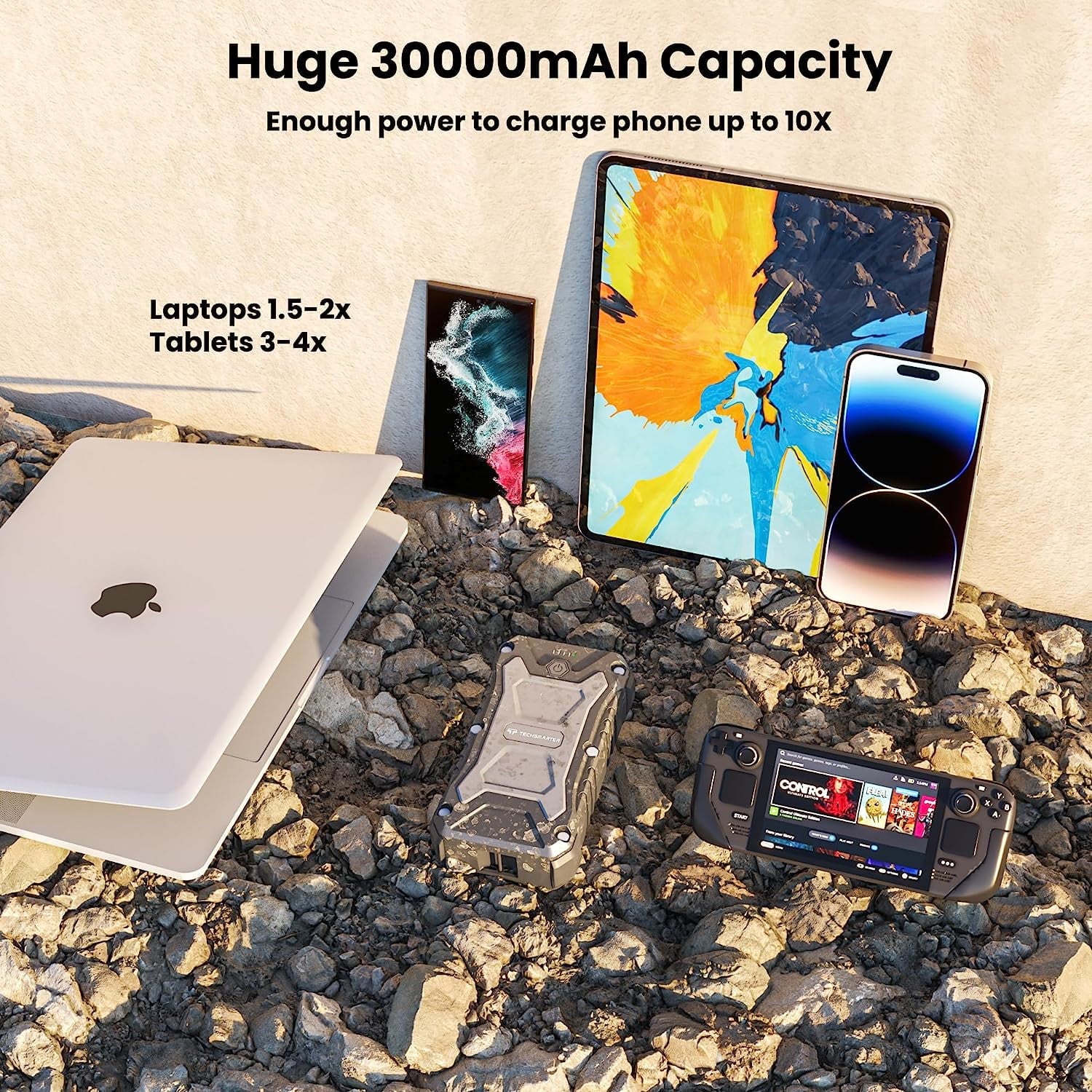 30000mAh 65W -  Rugged and Waterproof, 15W Wireless Charging Portable Charger. Power Bank Compatible with iPhone 15, 14, 13, iPad, MacBook, Samsung , , , Androids, , Pixel