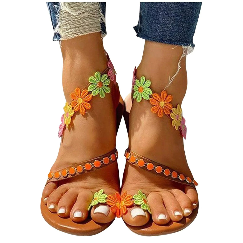Summer Ladies Fashion Flower Breathable Printing Round Toe Flat Sandals Womens Designer Sandals Women Summer Sandals Strap Low Wedge Sandals for Women Rhinestone Sandals for Women Size 9 Flip Flop