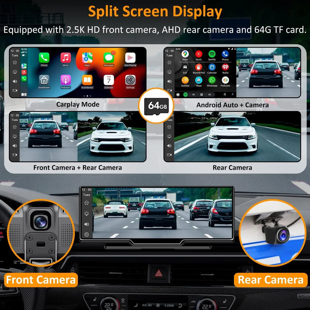 Portable Wireless Carplay Car Stereo with 2.5K Dash Cam - 9"   Screen, Android Auto, 1080p Backup Camera, Loop Recording, Bluetooth,  Navigation Head Unit, Car Radio Receiver