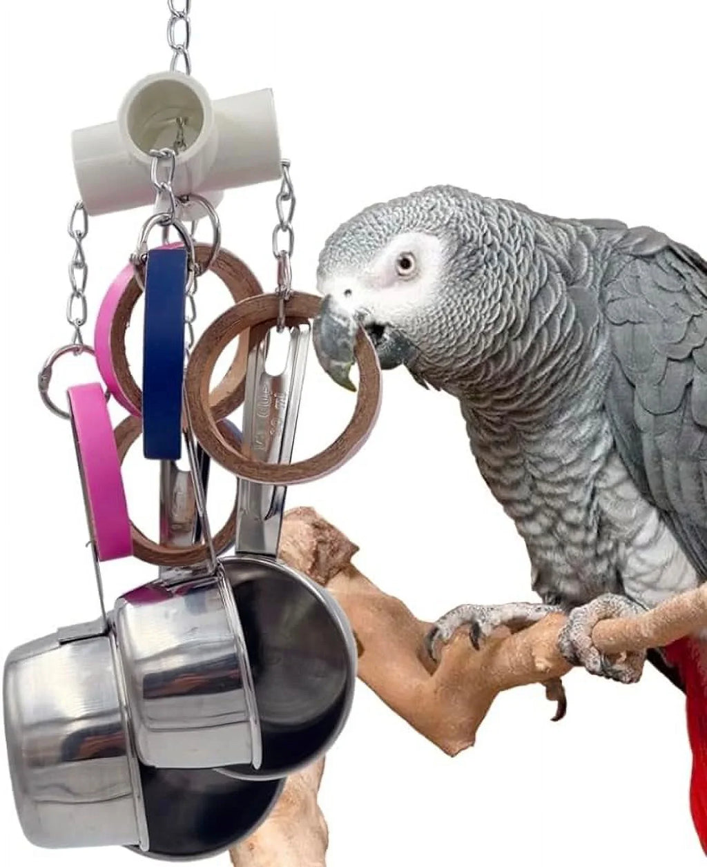 Durable Bird Parrots Pots and Bagel Toys, Pullable Stainless Steel Cup and Cardboard Ring Toys for Amazons Mini Macaws African Greys Cockatoos Eclectus