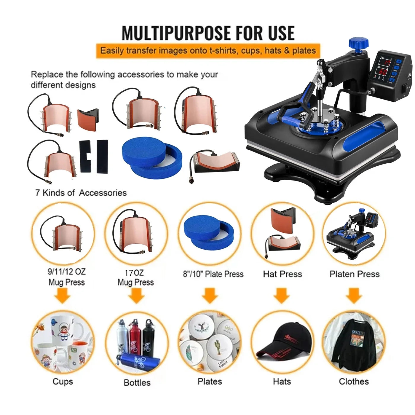 Blue Heat Press Machine 8 in 1, 12 x 15 Inches Sublimation Transfer Printer, Digital Precise  Control Printing, 360 Swing Away Vinyl Transfer Printer for -Shirts, Canvas Bag, Pillow, Banner