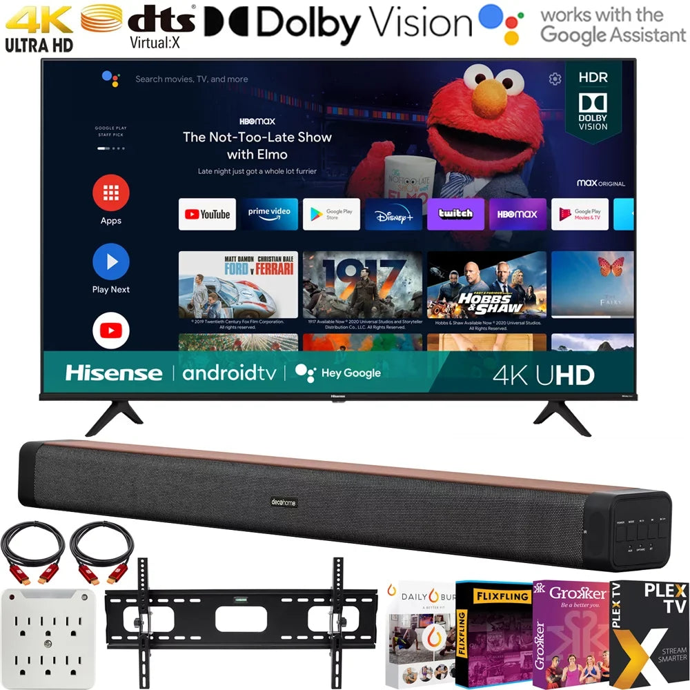 Hisense 65A6G 65 Inch  Series 4K  Smart  with Dolby Vision  (2021) Bundle with Deco Home 60W 2.0 Ch Soundbar + 37"-70"  Wall Mount + Premiere Movies Streaming + 6-Outlet Surge Adapter