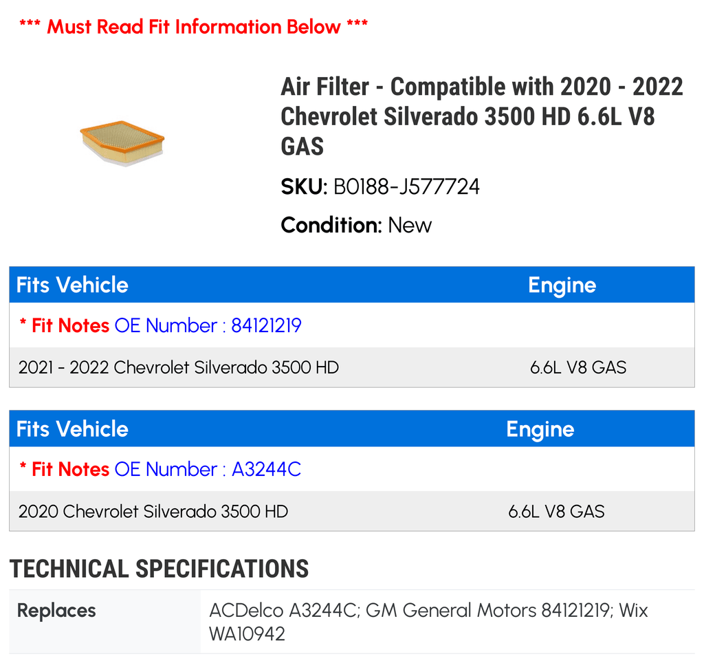 Air Filter - Compatible with 2020 - 2022 Chevy Silverado 3500  6.6L   2021