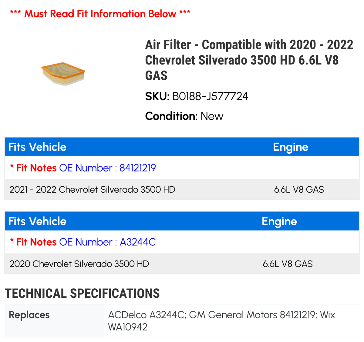 Air Filter - Compatible with 2020 - 2022 Chevy Silverado 3500  6.6L   2021