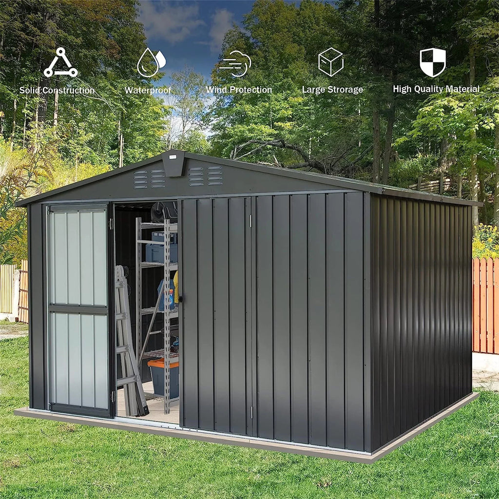 Homiyad Outdoor Storage Shed 10' 8', Metal Garden Shed for Bike, Trash Can, Tools, Galvanized Steel Outdoor Storage Cabinet with Lockable Door for Backyard, Patio, Lawn (10X8ft, Black)