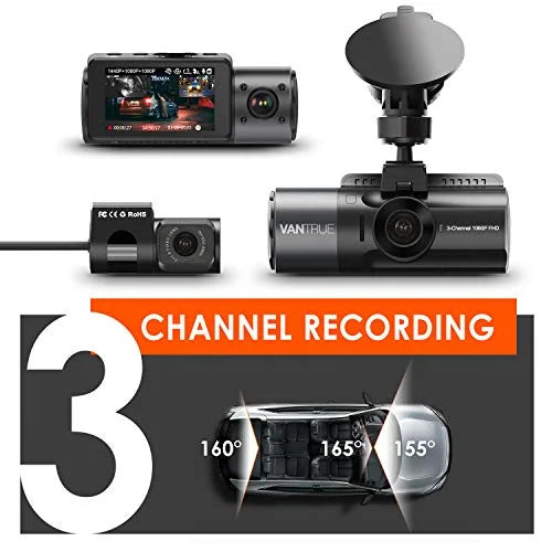 Vantrue  3 Channel 4K Dash Cam, 4K+1080P Front and Rear, 1440P+1440P Front and