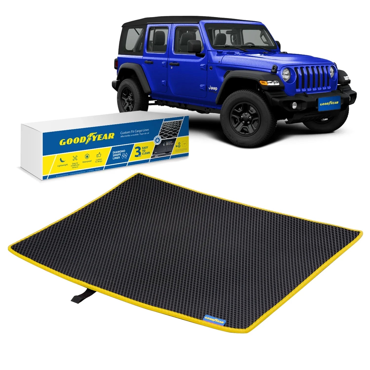 Goodyear Custom Fit Cargo Mat Liner for Jeep Wrangler 2019-2024 - Heavy Duty Trunk Liner, Dimond Shape, Luggage with Waterproof, Liquid & Dirt Trapping Technology - Anti-Slip Cargo Liner -