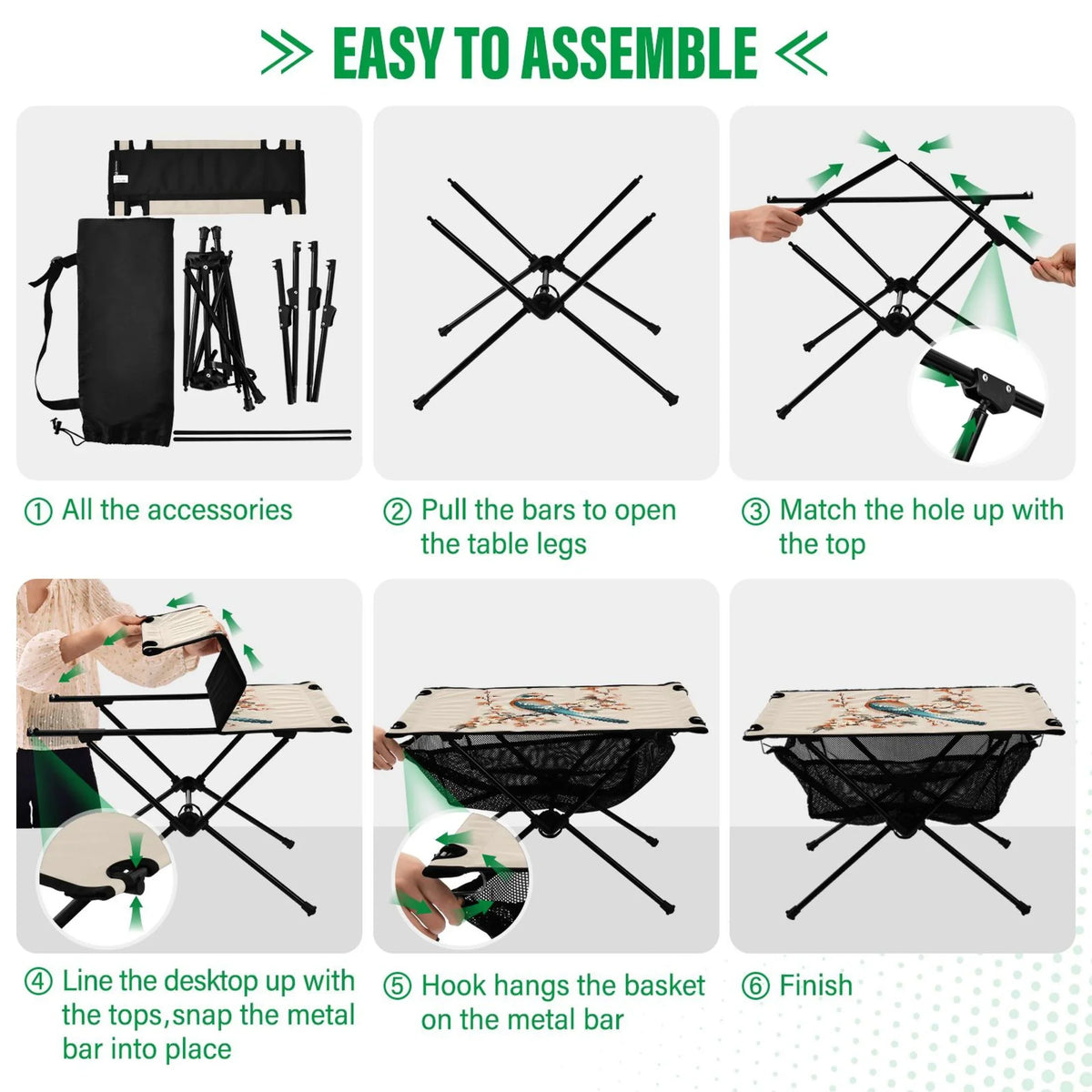 Birds on Flower Branches Camping Folding Table Portable Beach Table with Storage Bag Compact Picnic Table for Outdoor Travel Fishing