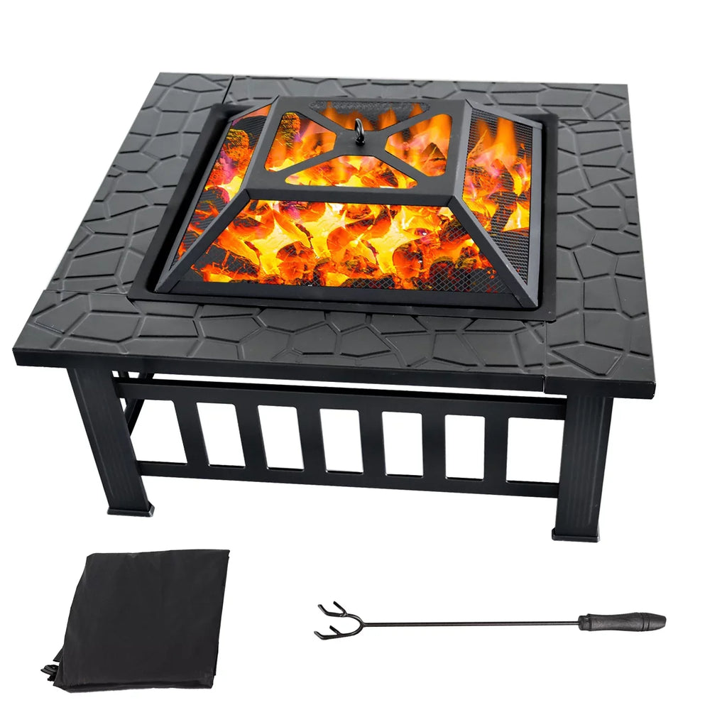 Games & Sports Expert 32" Heavy Duty Square Patio Wood Fire Pit Table with Spark Screen Cover, Log Grate, Waterproof Cover and Fire Poker for Outdoor Backyard, Garden, Bonfire