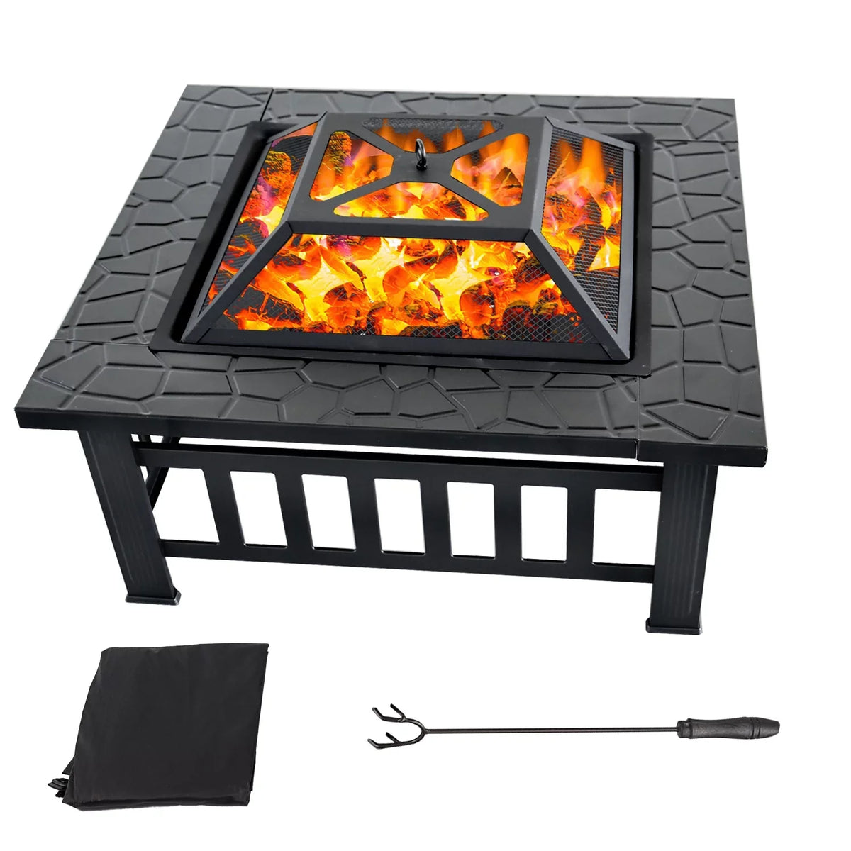 Games & Sports Expert 32" Heavy Duty Square Patio Wood Fire Pit Table with Spark Screen Cover, Log Grate, Waterproof Cover and Fire Poker for Outdoor Backyard, Garden, Bonfire