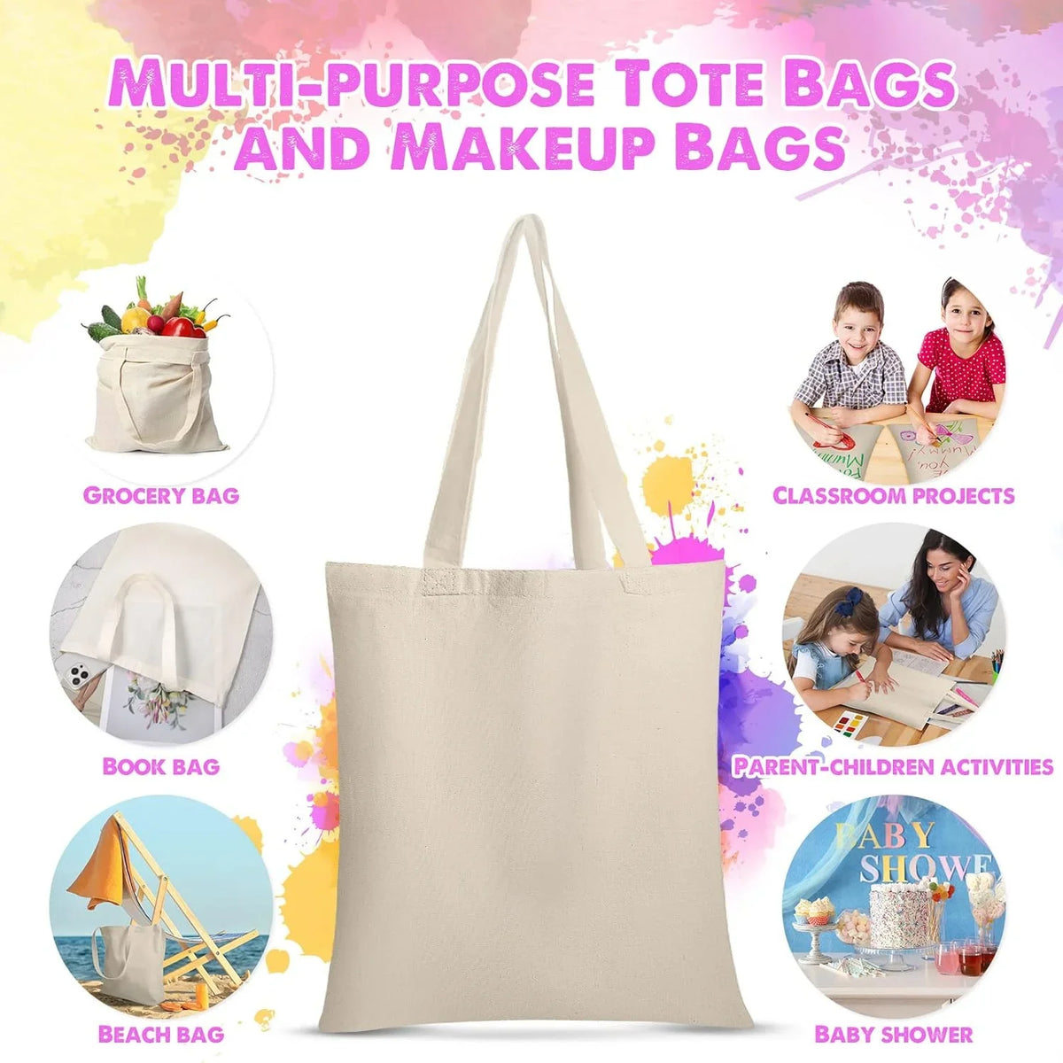 24 Pieces Canvas Tote Bags, Blank Plain Canvas Bag Lightweight Reusable Grocery Shopping Cloth Bags with Handles for  Crafting and Decorating, 13 Inch  x 15 Inch
