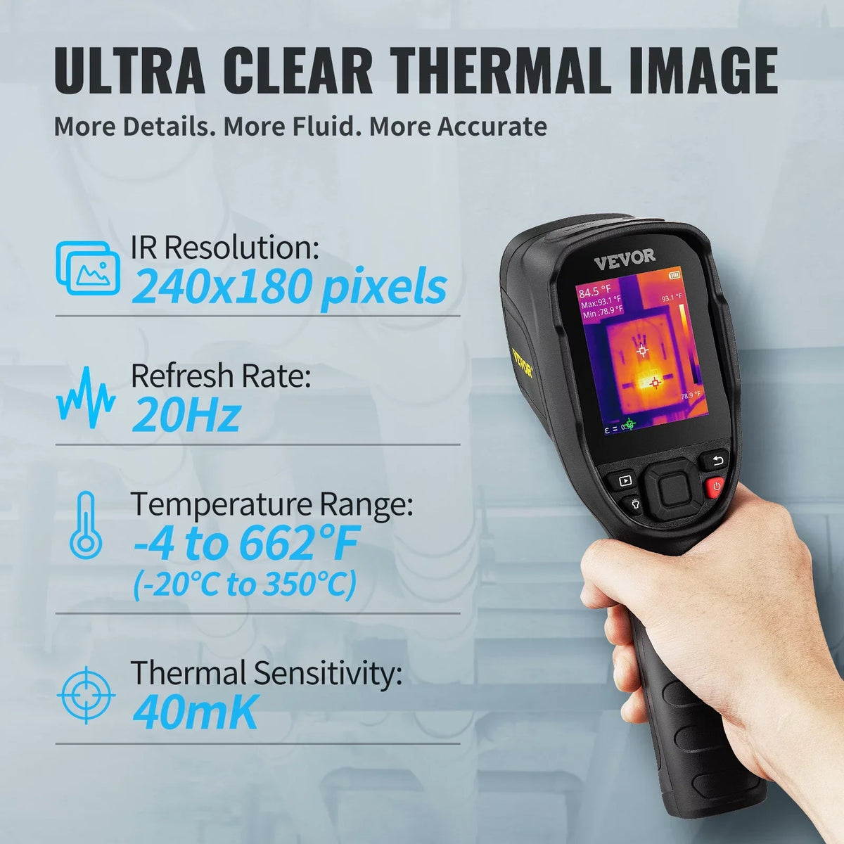 Thermal Imaging Camera, 240x180  Resolution (43200 Pixels), 20Hz Refresh Rate Infrared Camera with -4℉~662℉ Temperature Range, 16G Built-in  Card, and Rechargeable Li-ion Battery