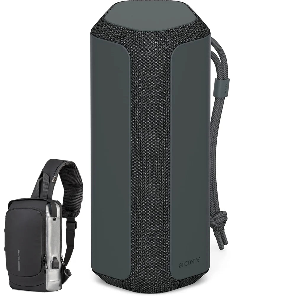 Sony  -Series Portable Wireless Speaker - Black Bundle with Deco Essential Sling Backpack, Anti-Theft Combo Zipper Lock, External  Charging, Waterproof