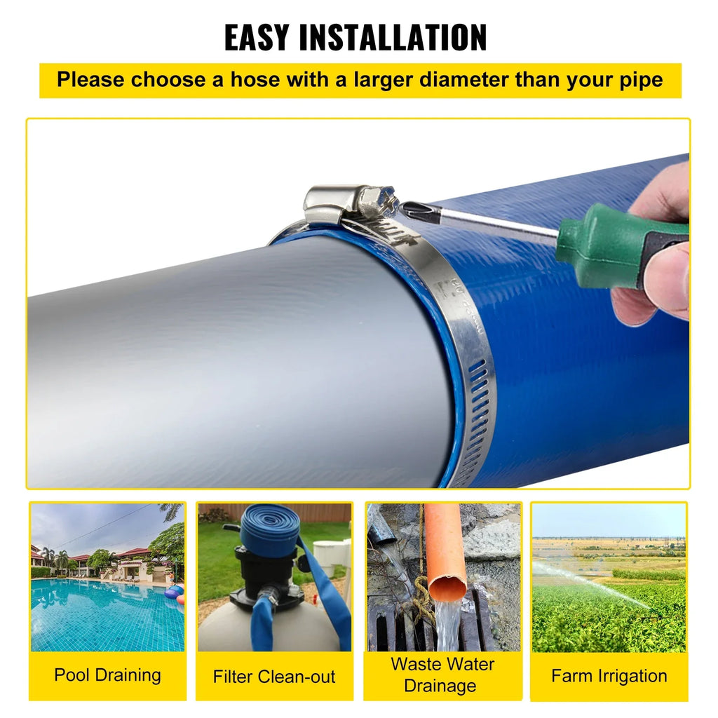 Discharge Hose, 3" x 105',  Fabric Lay Flat Hose, Heavy Duty Backwash Drain Hose with Clamps, Weather-proof & Burst-proof, Ideal for Swimming Pool & Water Transfer, Blue