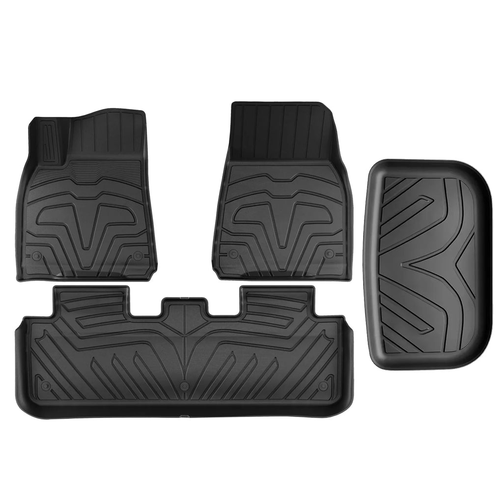 Ikon Motorsports 3D  Floor Mats + Trunk Mat Compatible with 2020-2023 Tesla Model , All Weather Floor Liners, Front & 2nd Row Full Set Custom Protection Heavy Duty Rear Tray Cargo Mats, Black