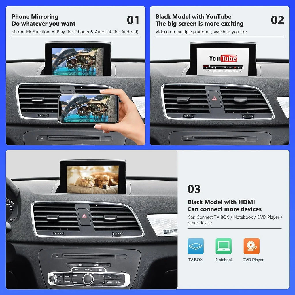 Road Top Wireless Carplay Retrofit Kit Decoder for Audi  2010-2016 Year with  3G System, fit for Audi  2016-2018 Year with , Support Android Auto, Mirrorlink, Reverse Camera