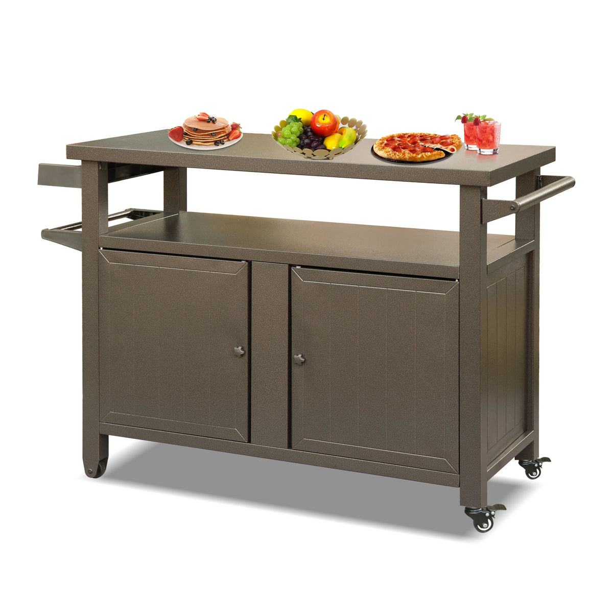 Homiyad Grill Carts Outdoor Storage Cabinet with Wheels, Metal Outdoor Grill Table Kitchen Dining Table Cooking Prep  Table for Patio, Kitchen Island, Home Party, Bar (Brown)