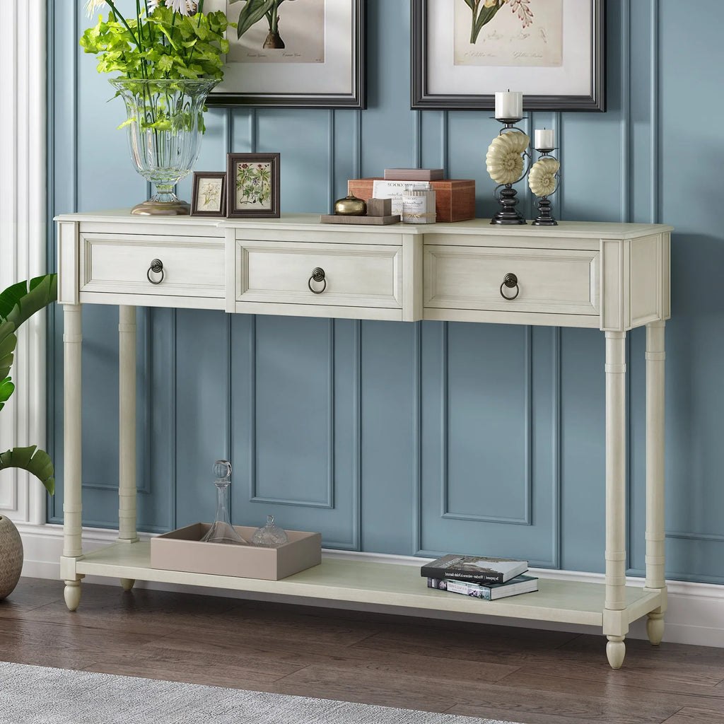 Console Table Sofa Table with Drawers for Entryway with Projecting Drawers and Long Shelf (Antique White,  : )