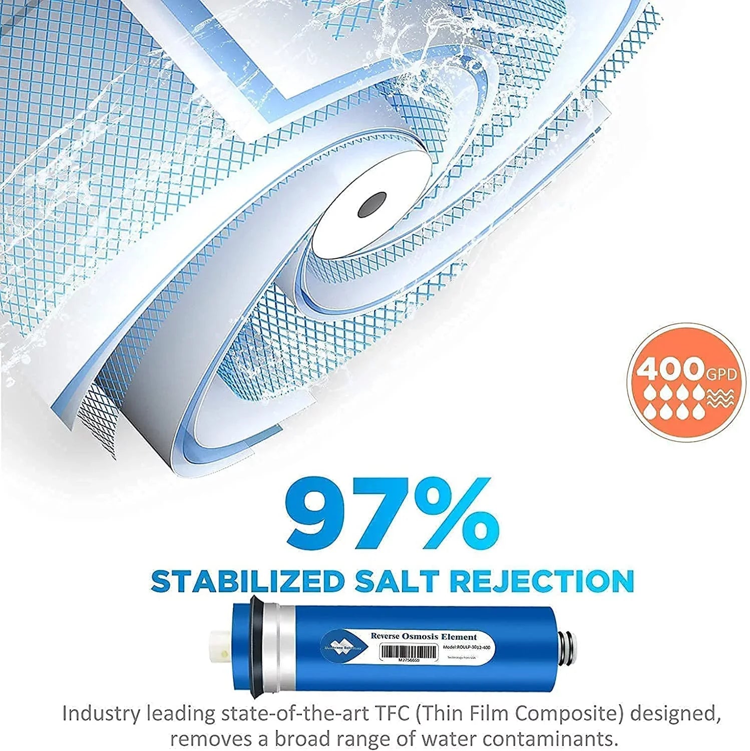 Reverse Osmosis Housing 3012 with 400GPD  Membrane Water Filter Cartridge, with 1/4" Quick Connector, 3/8" Fitting, Wrench Set