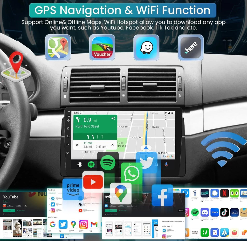 8 Core  Radio Upgrade Android 11 Car Stereo for  3 Series 1999-2005, 9 Inch 1280*800  Touchscreen Support CarPlay & Android Auto 5G WiFi Bluetooth5.0     Backup Camera(4G+32GB)