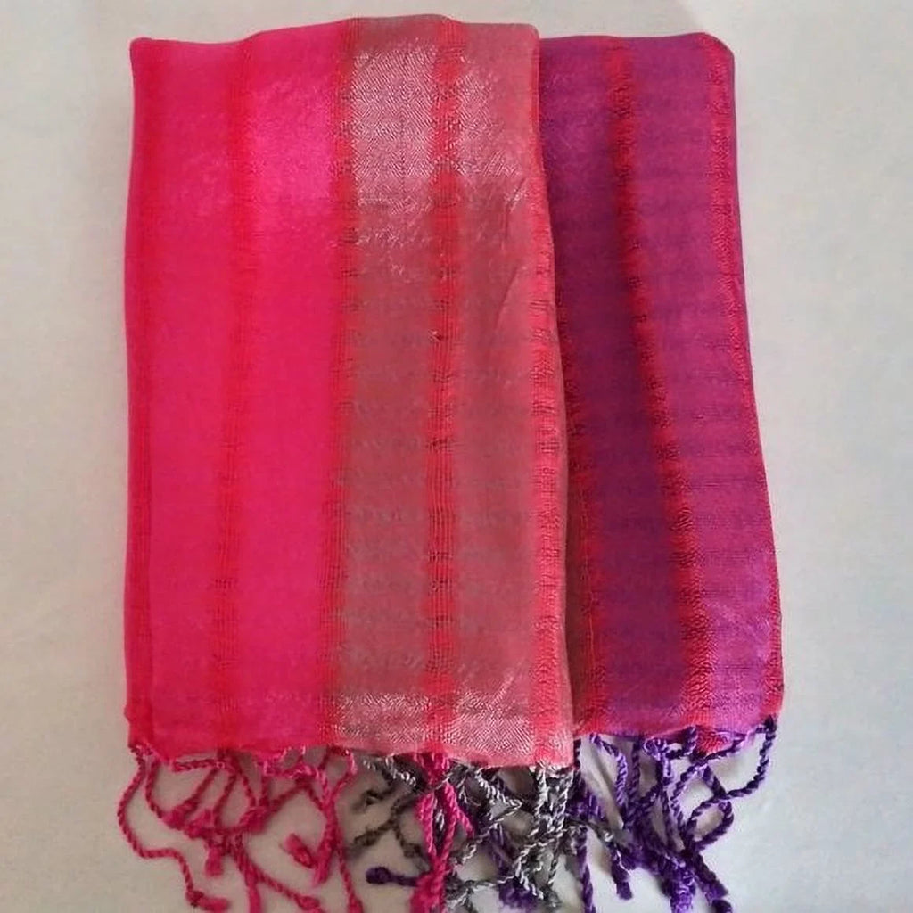 Tricolor Thick Striped Vegan Silk Shawl - Pink/Purple