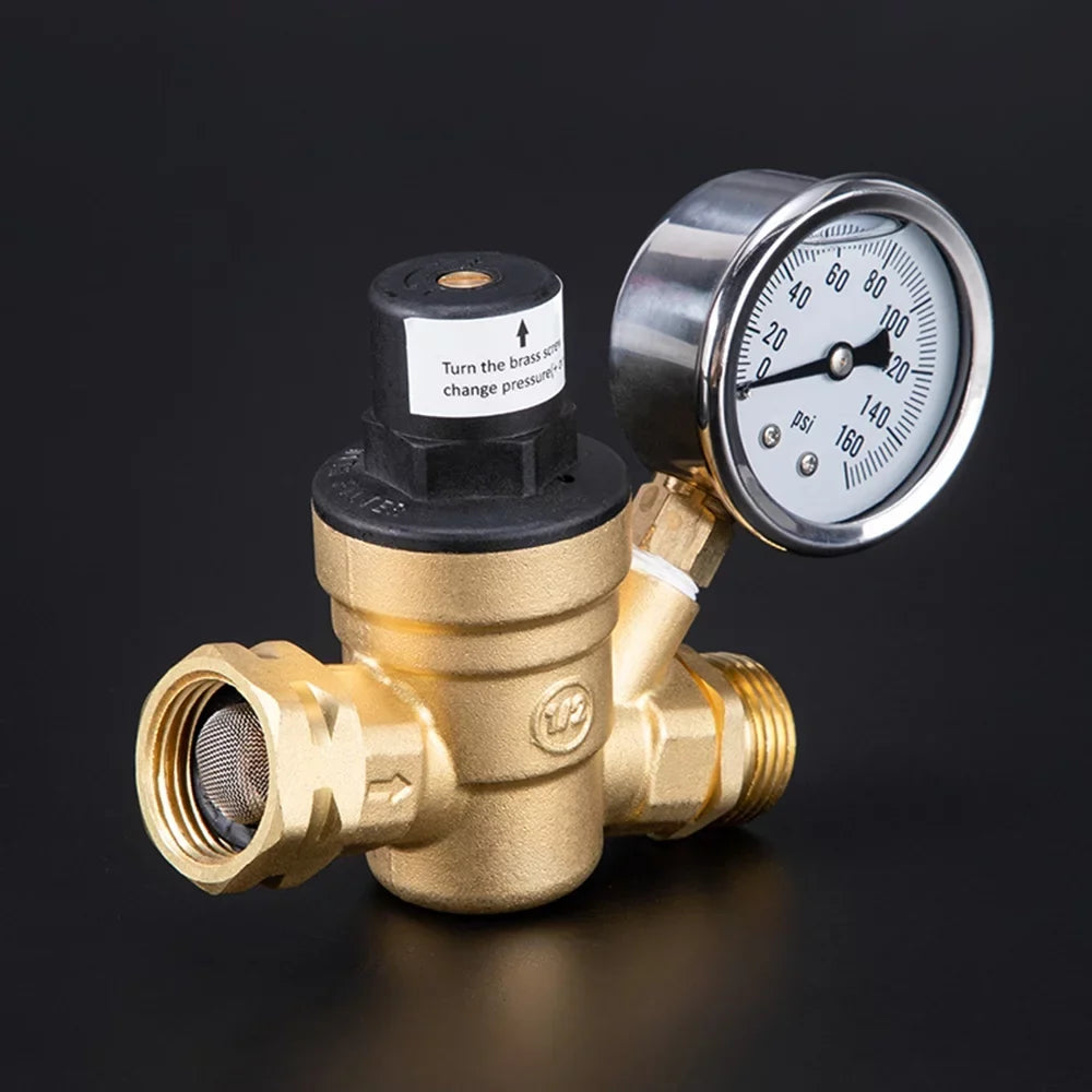 Adjustable Water Pressure Regulator Valve - Lead-Free Brass, with 0-160PSI Gauge and Inlet Screened Filter, Ideal for  and Travel Trailers