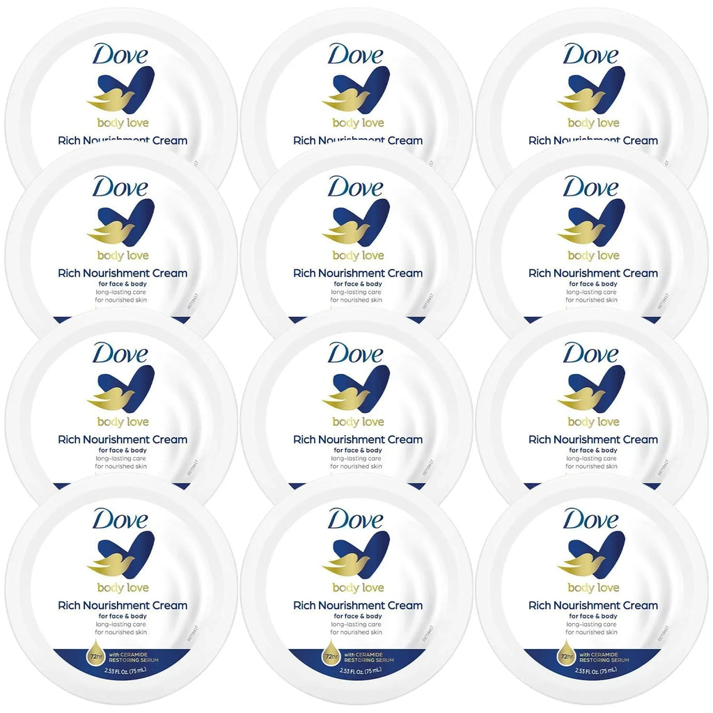 Dove Body Love Rich Nourishment Cream, Face, Hand & Body Lotion For Extremely Dry Skin, Fast-Absorbing 72-Hour Moisturizing Cream With Ceramide Serum, Travel Size, 2.53 Oz (Pack Of 12)
